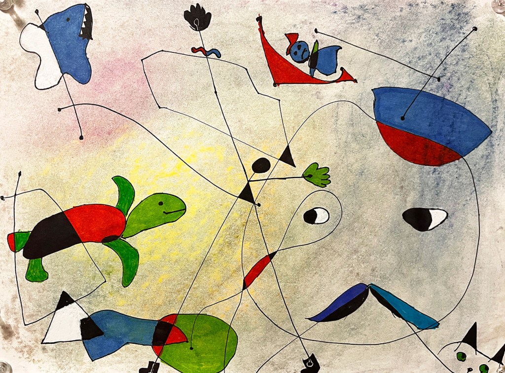6th grade chalk pastel and pen design inspired by the whimsical, surreal art of Joan Miró
