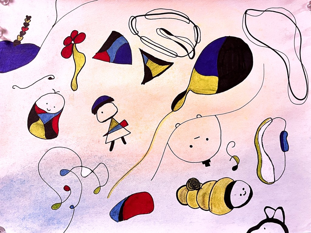 6th grade chalk pastel and pen design inspired by the whimsical, surreal art of Joan Miró