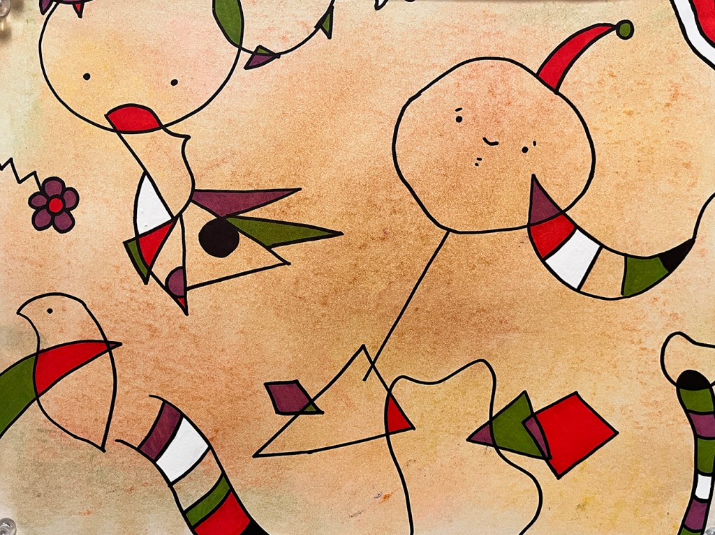 6th grade chalk pastel and pen design inspired by the whimsical, surreal art of Joan Miró