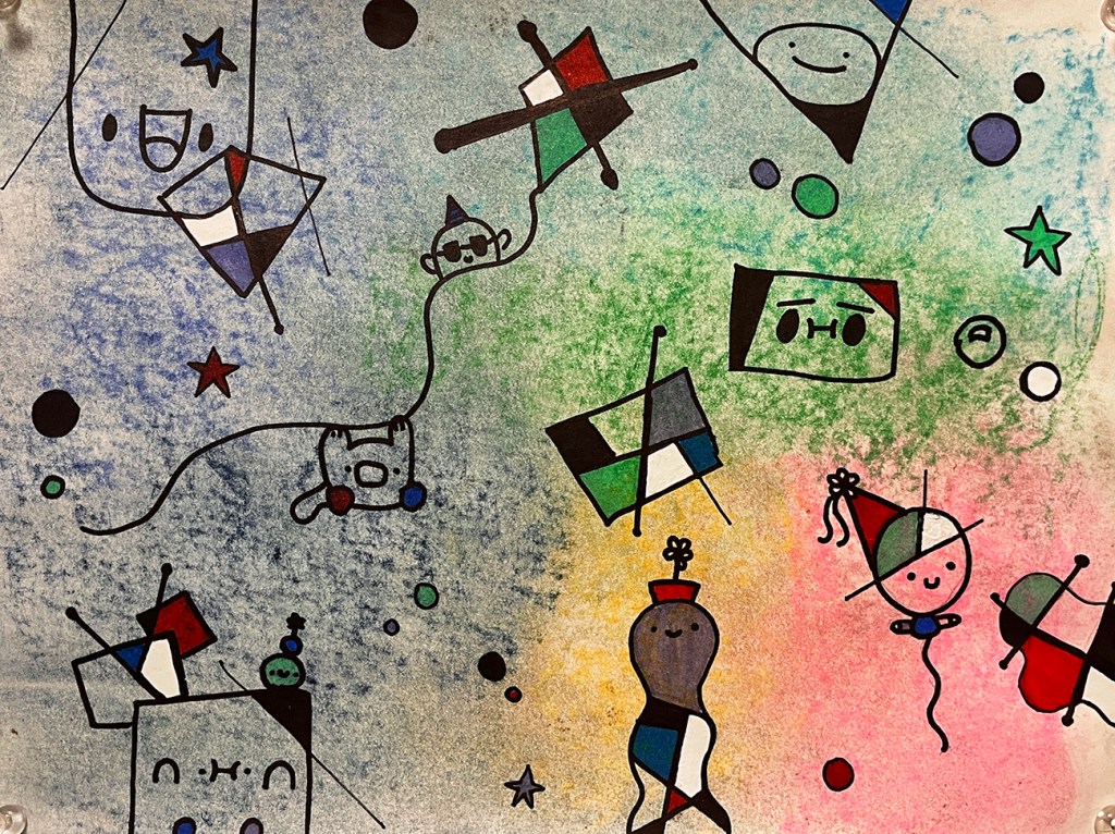 6th grade chalk pastel and pen design inspired by the whimsical, surreal art of Joan Miró