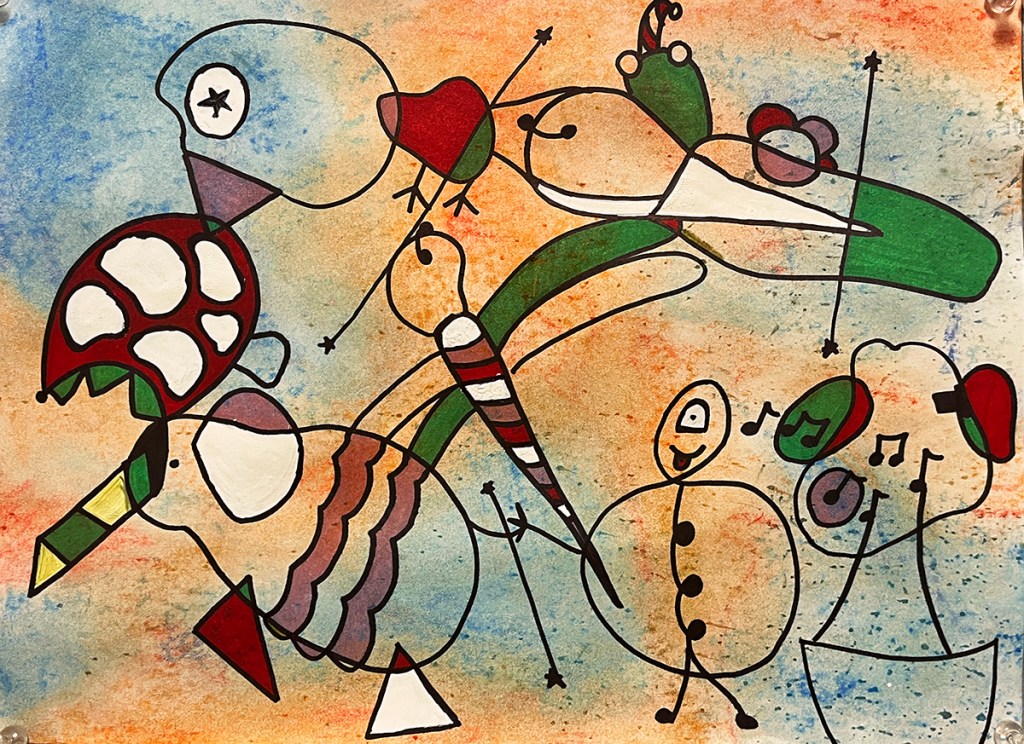 6th grade chalk pastel and pen design inspired by the whimsical, surreal art of Joan Miró