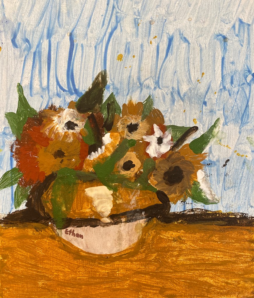 A second grade student's recreation of Vincent van Gogh's 'Sunflowers' still life, acrylic on canvas