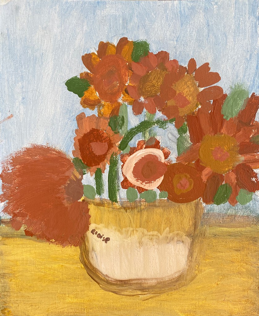 A second grade student's recreation of Vincent van Gogh's 'Sunflowers' still life, acrylic on canvas