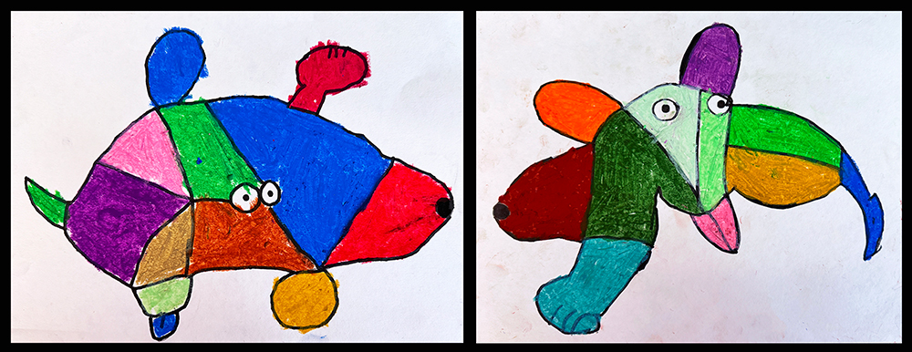 Three kindergarten students' "Lump", drawn in oil pastel expressing multiple perspectives