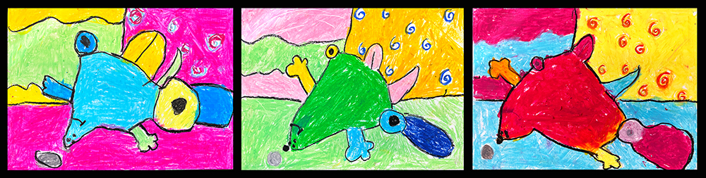 Three kindergarten students' "Lump", drawn in oil pastel expressing multiple perspectives