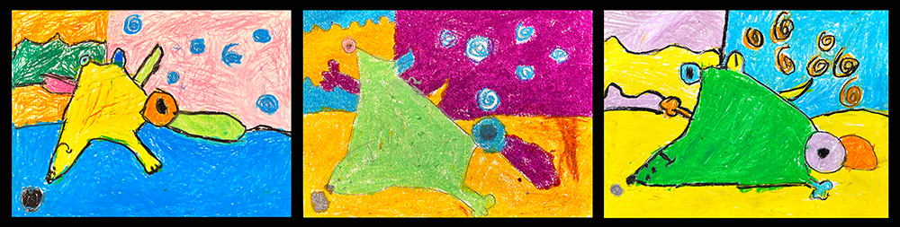 Three kindergarten students' "Lump", drawn in oil pastel expressing multiple perspectives