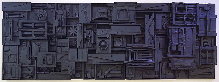 Louise Nevelson found object assemblage, created in 1994, painted completely in black