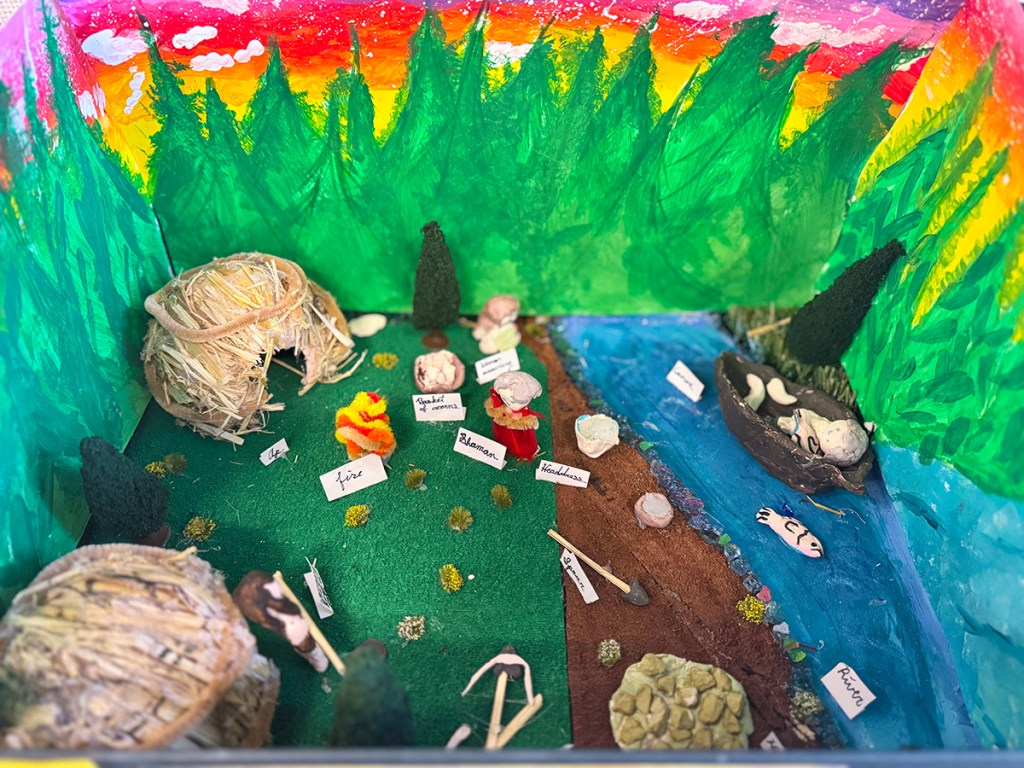 Diorama depicting life for a particular Native Californian group, as created by a group of 4th grade students