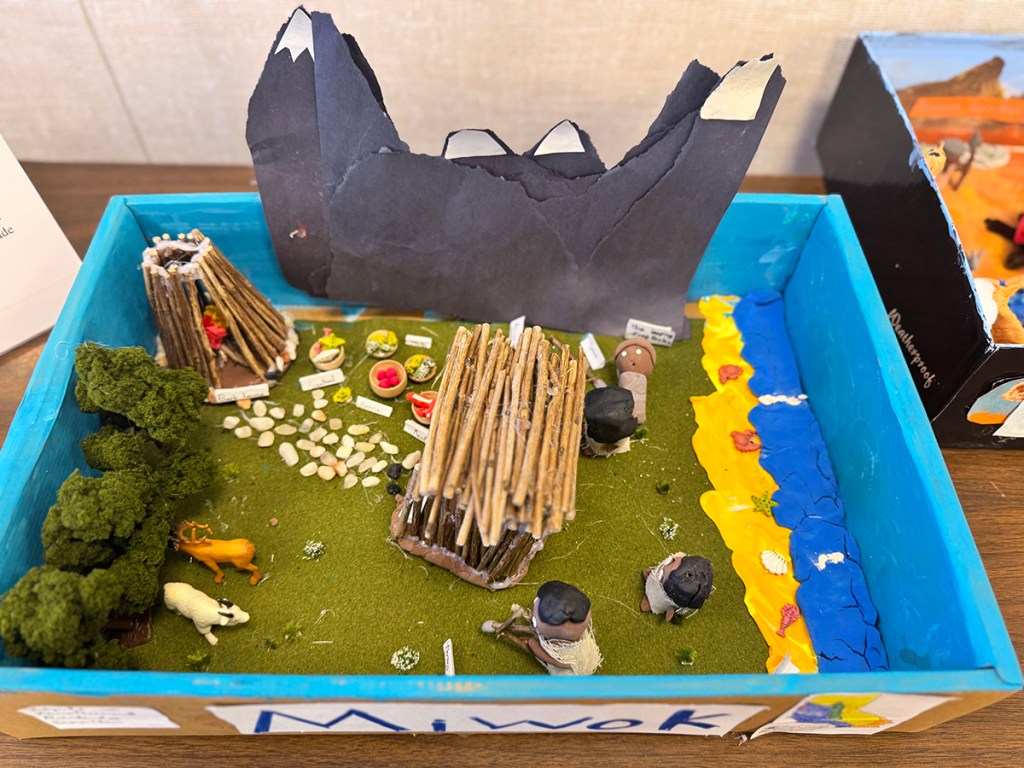 Diorama depicting life for a particular Native Californian group, as created by a group of 4th grade students