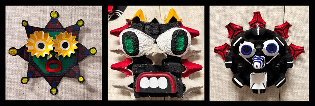 Masks created by 6th grade students out of found objects and paint, inspired by masks of First nations groups of the Pacific Northwest.