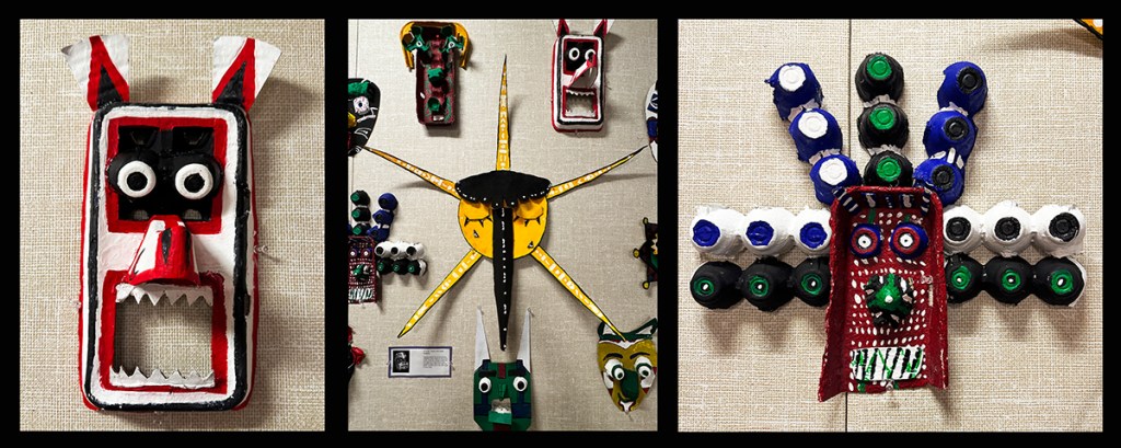Masks created by 6th grade students out of found objects and paint, inspired by masks of First nations groups of the Pacific Northwest.