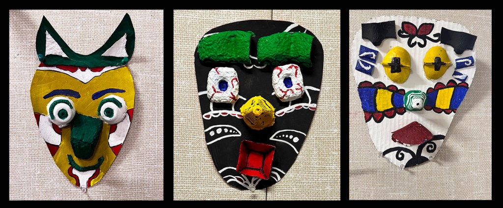 Masks created by 6th grade students out of found objects and paint, inspired by masks of First nations groups of the Pacific Northwest.