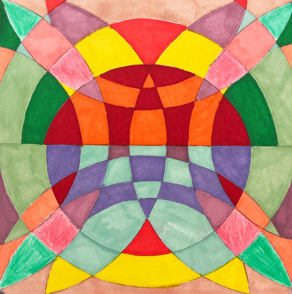 A 6th grade student's art work inspired by Frank Stella's Protractor Series