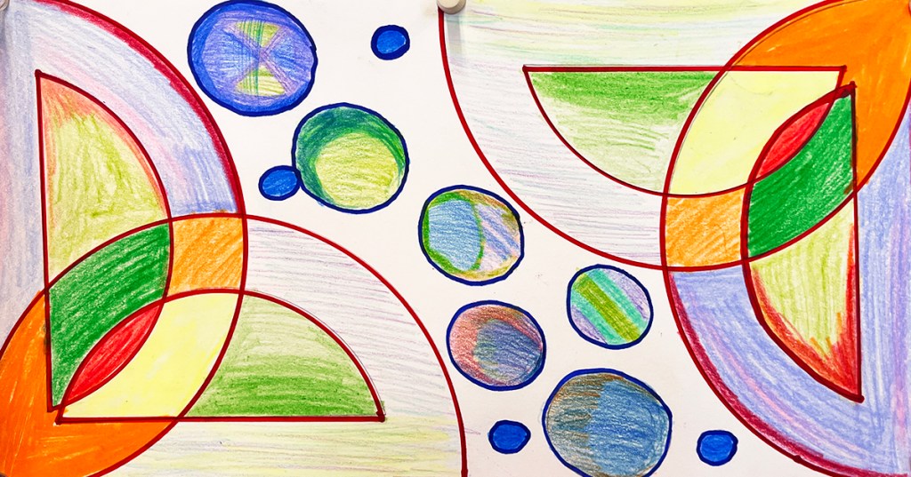 A 6th grade student's art work inspired by Frank Stella's Protractor Series