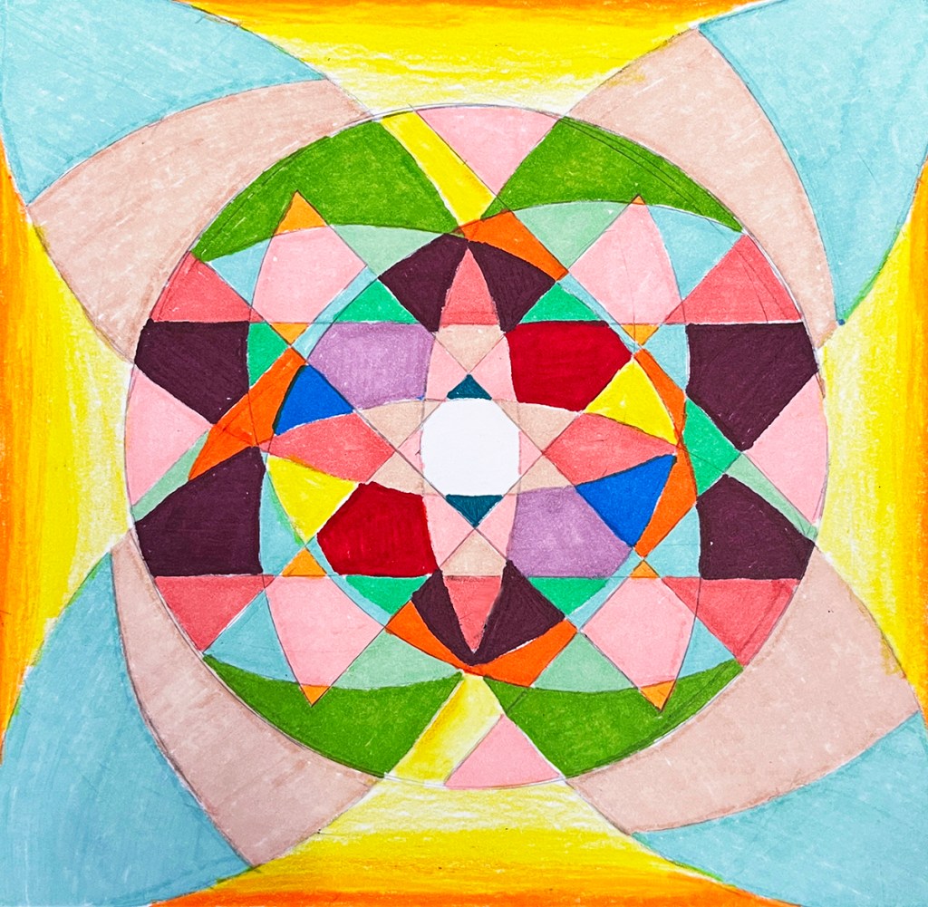 A 6th grade student's art work inspired by Frank Stella's Protractor Series