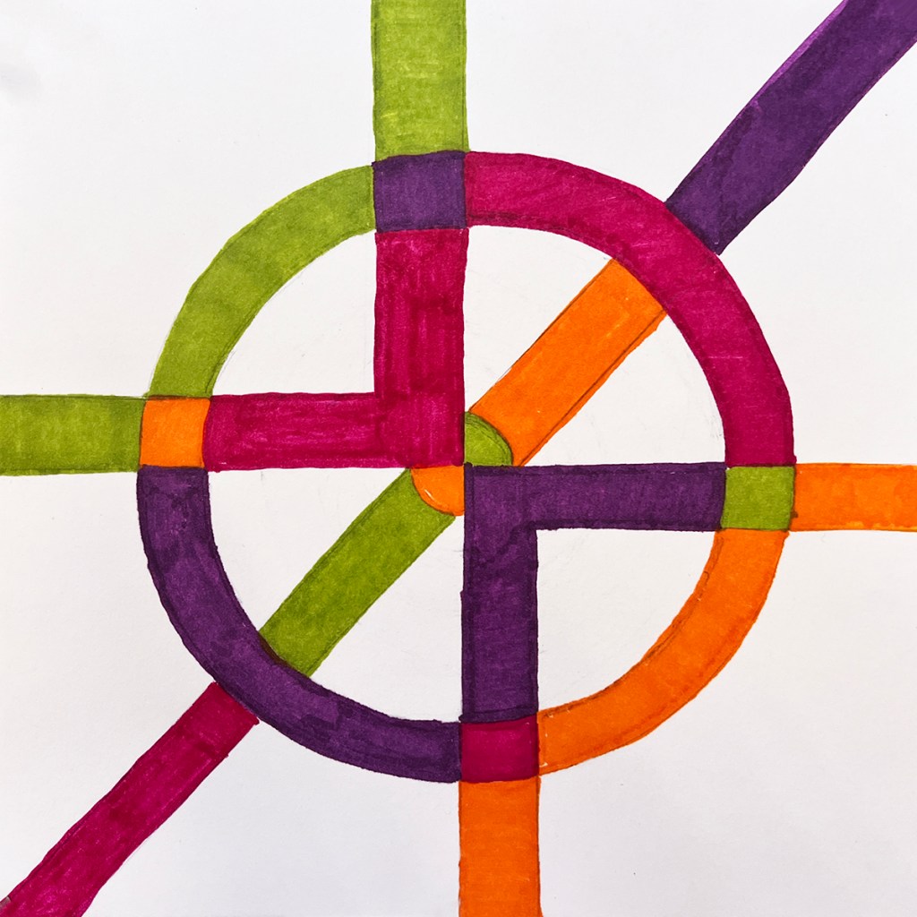 A 6th grade student's art work inspired by Frank Stella's Protractor Series