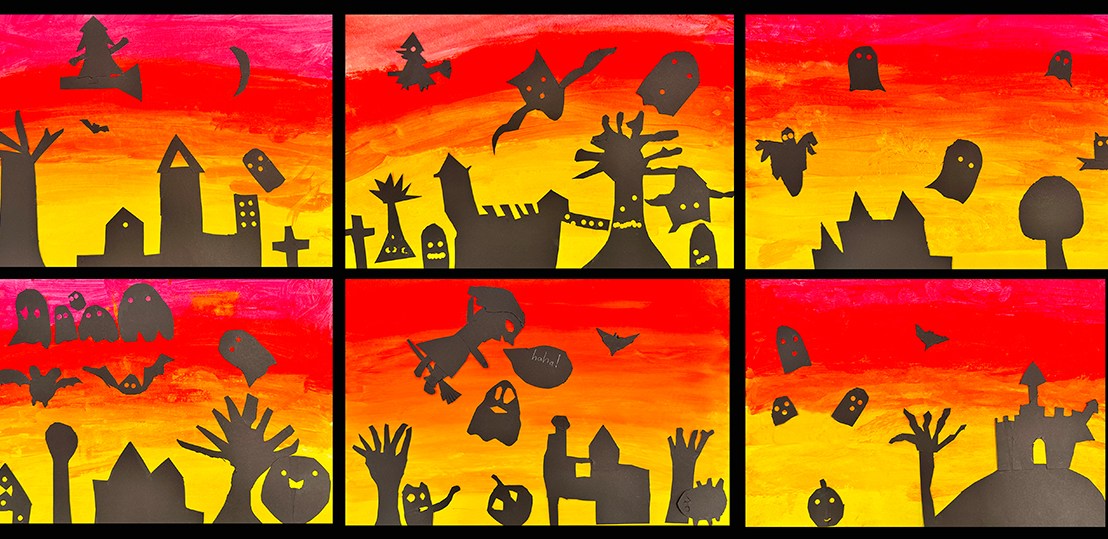 1st Grade – Spooky Halloween Scene Emphasizing Positive and Negative Space