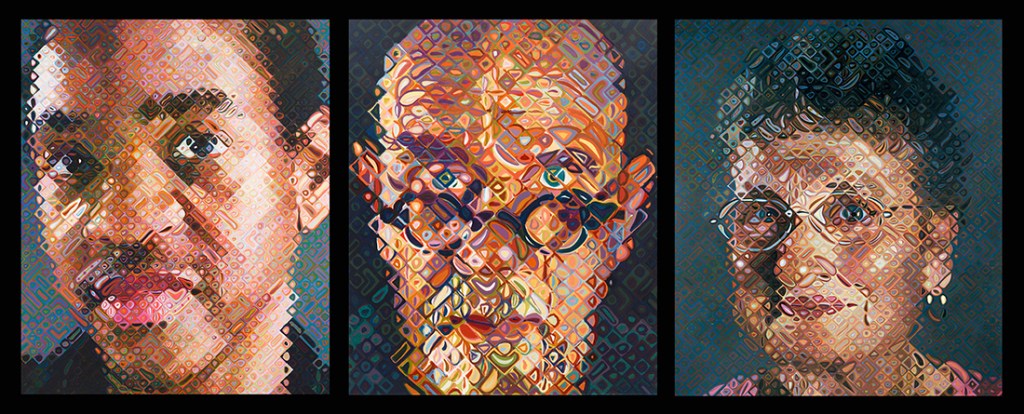 Three of artist Chuck Close's portrait paintings made of of individually colored tiles. The painting in the middle is his own self-portrait.